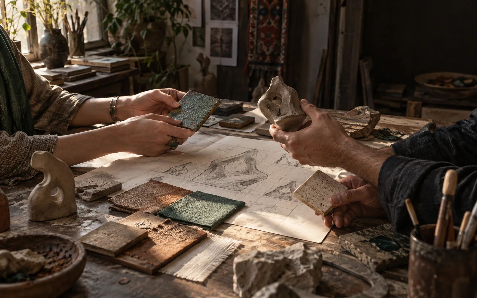 دست هنرمند در حال شکل‌دادن گل روی چرخ